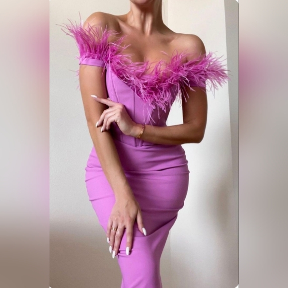 MISS. CIRCLE OPHELIA FUCHSIA FEATHER CORSET DRESS. SIZE Small - Picture 2 of 12